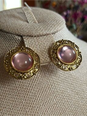 Gold Filigree Earrings with Pink Cabochon Centers - Unbranded